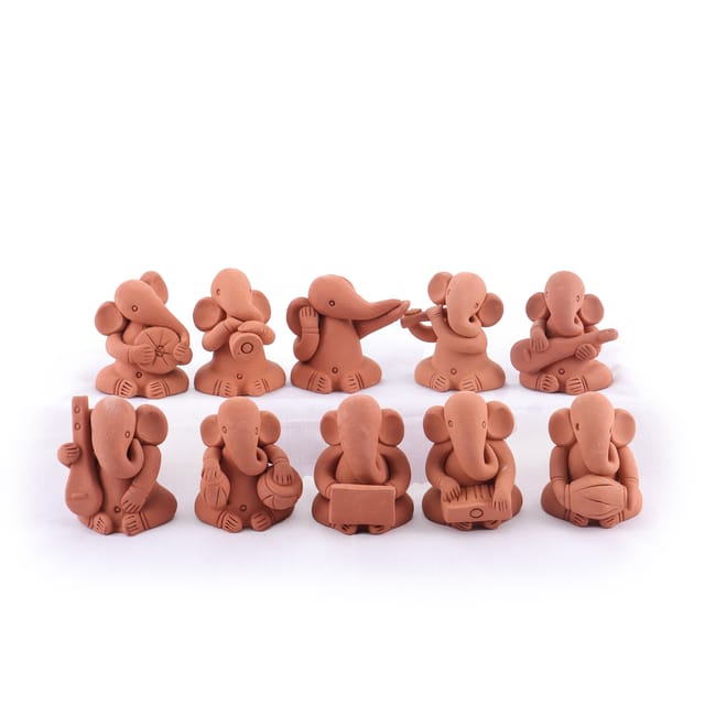 Terracotta Handmade Musical Ganesh | Set of 10