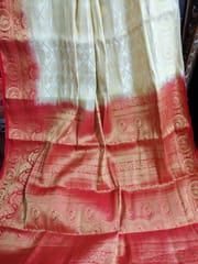 Banarasi Katan Silk Saree -all over zari work - contrast border, aanchal and blouse - Cream and Red