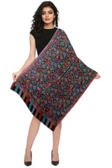 Black Pure Pashmina Kani Stole with Multicolor Floral Weaves