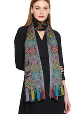 Pure Pashmina Fine Wool Stole with Kani Work - Super Soft Black with beautiful multicolour florals