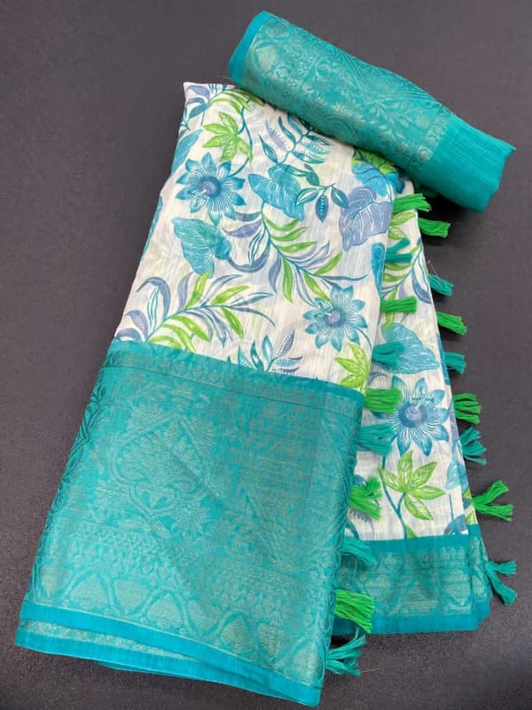 Pure Soft Linen Saree with beautiful floral print and 9 inches Jacquard Border - Light Blue