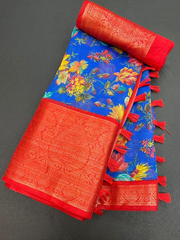 Pure Soft Linen Saree with Beautiful Floral Print and 9 inches Jacquard Border- Red & Ink Blue