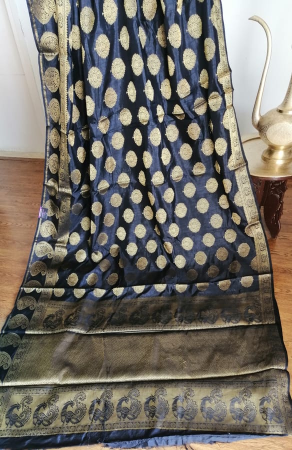 Pure Banarasi Dupion Silk Saree in Charcoal Black with Traditional Zari Butis and Heavy Aanchal