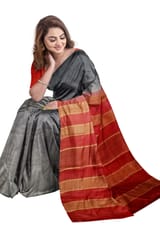 Pure Bhagalpuri Silk Saree in Bluish Grey and Tomato Red