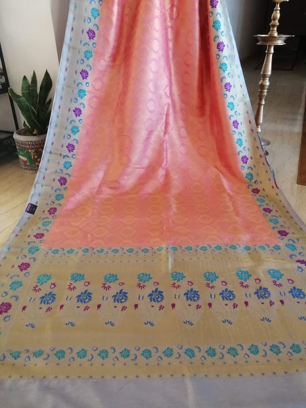 Deccan Summer silk Saree in Carnation Pink and Golden Grey Border and Aanchal