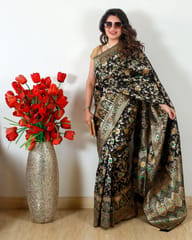 Pure Banarsi Katan Silk  Designer Saree in Black with Zari Jaal  and Meenakari work