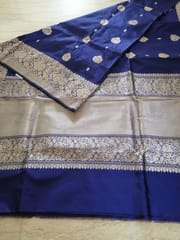 Pure Banarsi Katan Silk in Royal Blue with Heavy Woven Gold Zari Aanchal and Border