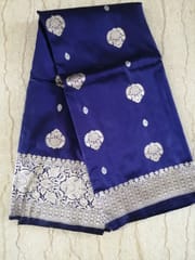 Pure Banarsi Katan Silk in Royal Blue with Heavy Woven Gold Zari Aanchal and Border
