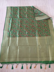 Kashmiri Jamawar Silk Saree in Leaf Green with all over Resham and Zari Jaal Embroidery