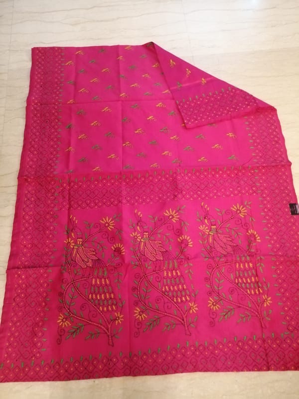 Bengal Silk Hand Embroidered Kantha Saree in Barbie Pink