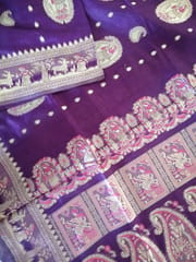Fine Cotton Balucheri Saree in Russian Violet and Gold with Beautiful  Traditional Mythological figures