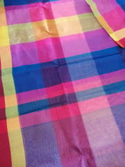 Pure Cotton Silk Saree in Smart Checks - Pink, Yellow and Blue