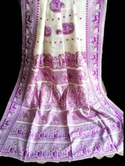 Bengal Pure Soft Cotton Baluchari Saree in White with Lilac and Gold Thread Weaving