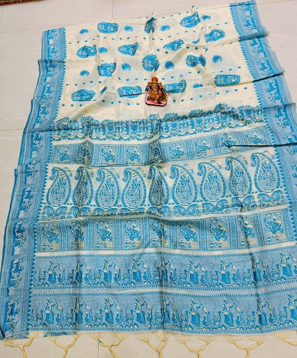 Bengal Pure Soft Cotton Baluchari Saree in White with Arctic Blue and Gold Threads Weaving