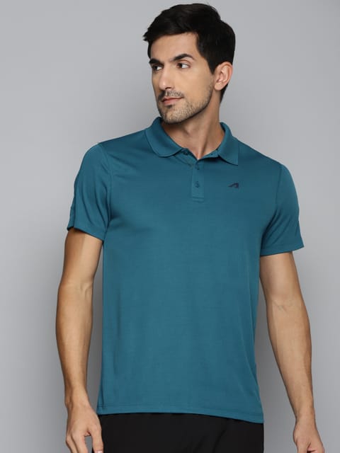 Alcis Men Teal Blue Polo Collar Slim Fit Running T-shirt