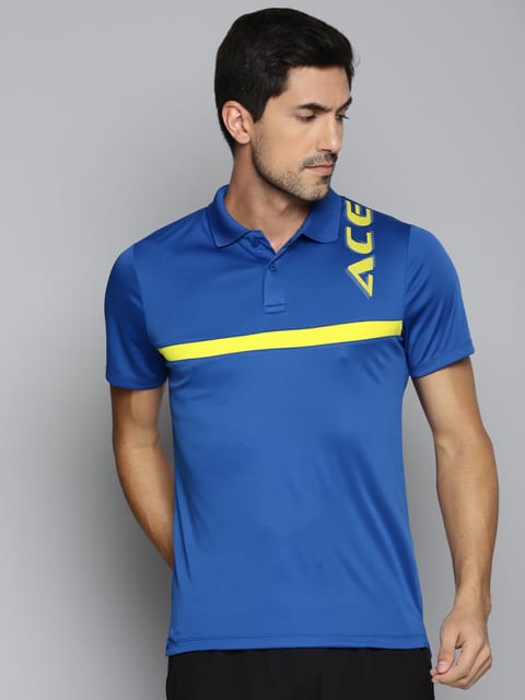 Alcis Men Blue  Yellow Printed Polo Collar Slim Fit Running T-shirt
