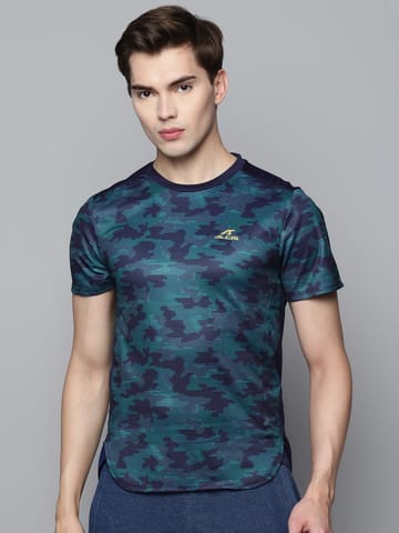 Alcis Men Blue  Green Camouflage Print Slim Fit T-shirt