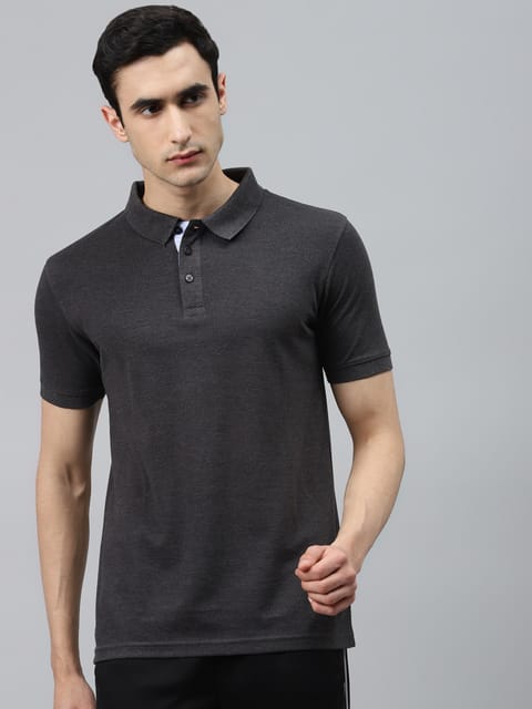 Alcis Men Charcoal Grey Slim Fit Solid Polo Collar T-shirt