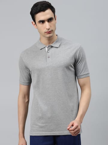 Alcis Men Grey Melange Slim Fit Solid Polo Collar T-shirt - Quick-Dry